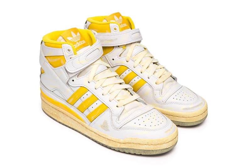 adidas Originals Forum '84 High AEC Retro Distressed Aged Yellowed Basketball Sneaker Three Stripes OG Release Information gz6467 gz6468 white yellow blue