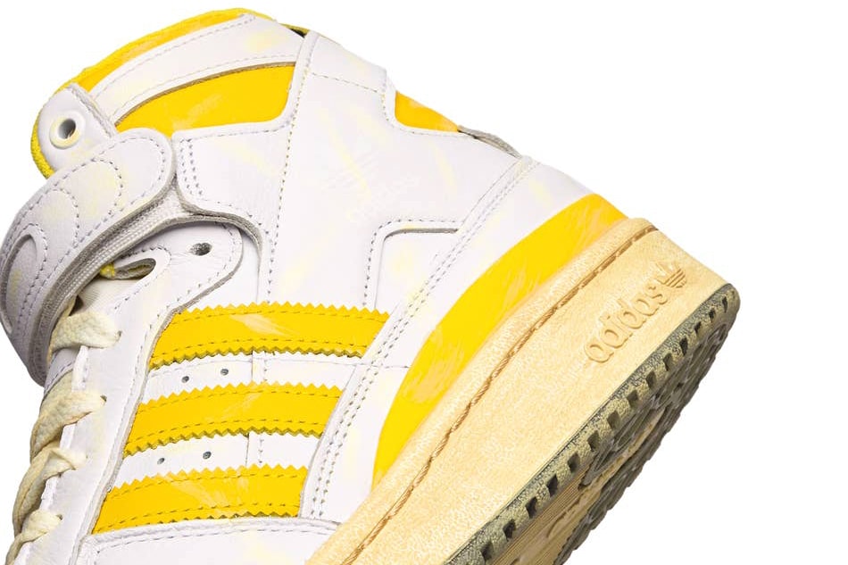 adidas Originals Forum '84 High AEC Retro Distressed Aged Yellowed Basketball Sneaker Three Stripes OG Release Information gz6467 gz6468 white yellow blue