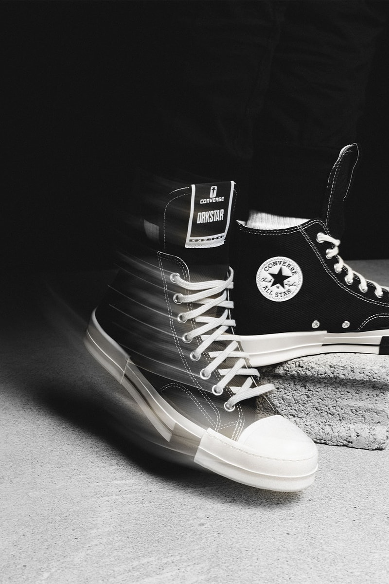 Rick Owens DRKSHDW Converse DRKSTAR New Colorways backpack dad cap long star stacked stretch tongue white black high low release info