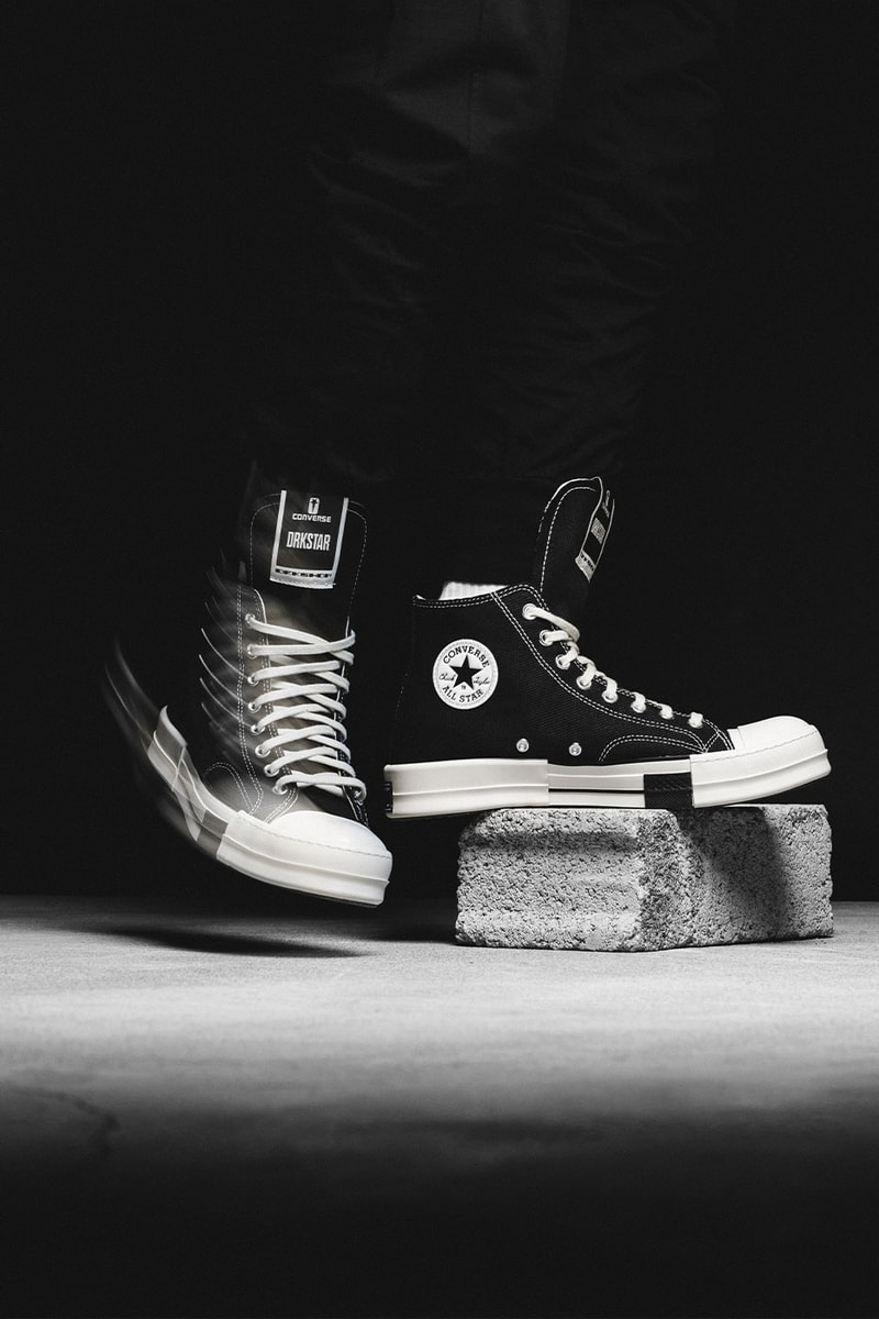 Rick Owens DRKSHDW Converse DRKSTAR New Colorways backpack dad cap long star stacked stretch tongue white black high low release info