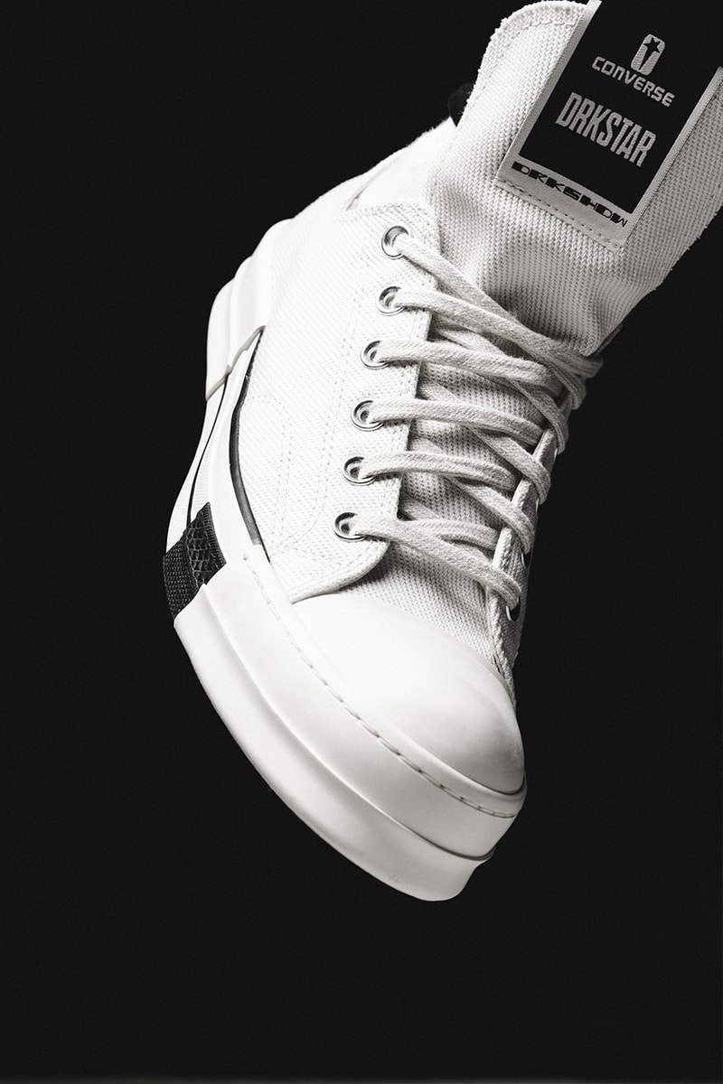 Rick Owens DRKSHDW Converse DRKSTAR New Colorways backpack dad cap long star stacked stretch tongue white black high low release info