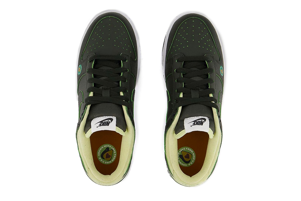 Nike Dunk Low Avocado sticker nutrition facts mesh shopping bag green white olive fruit release info