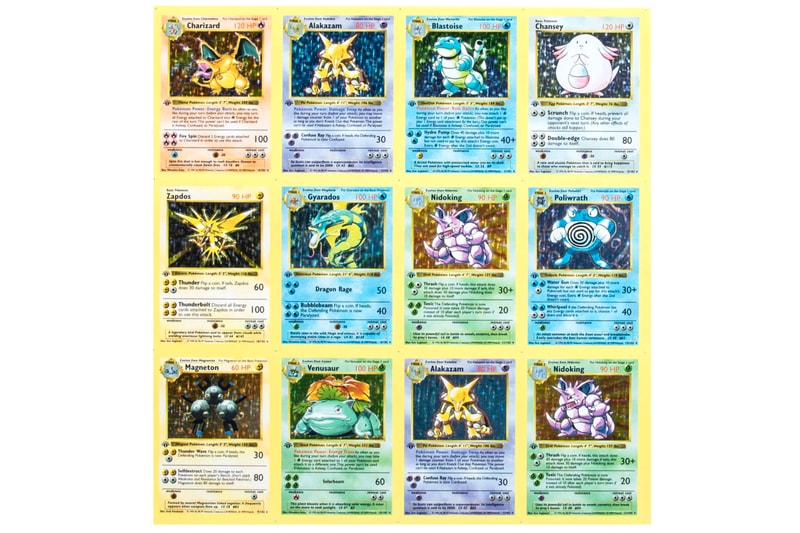 Uncut sheet of rare first-edition Pokémon cards, including two