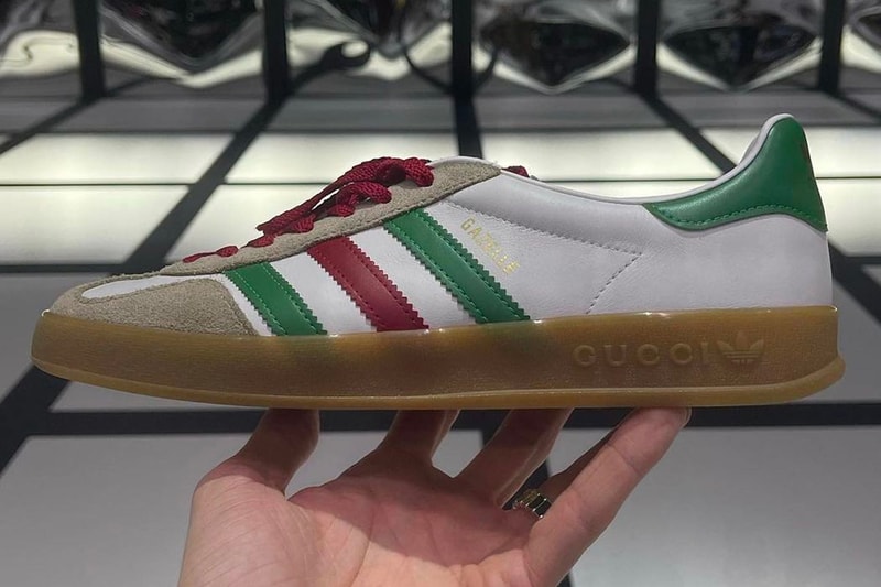 Gucci adidas Gazelle Sneakers First Look collaboration collab g monogram leather suede velvet snakeskin gum sole made in italy images pictures info