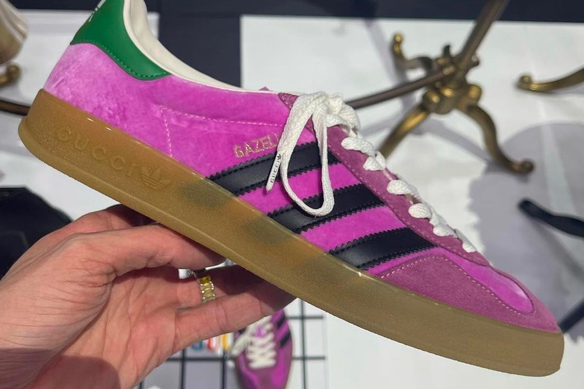 Gucci adidas Gazelle Sneakers First Look collaboration collab g monogram leather suede velvet snakeskin gum sole made in italy images pictures info