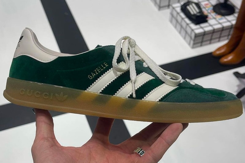 Gucci adidas Gazelle Sneakers First Look collaboration collab g monogram leather suede velvet snakeskin gum sole made in italy images pictures info