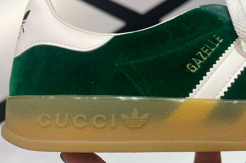 Gucci adidas Gazelle Sneakers First Look collaboration collab g monogram leather suede velvet snakeskin gum sole made in italy images pictures info