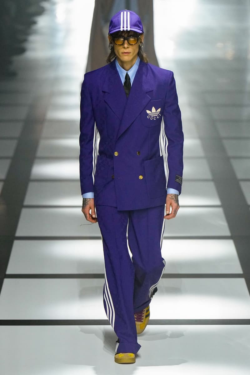 Gucci x adidas Unveils Fall 2022 Collection Blazers Jackets Pants Knitwear Latex Trefoil Three Strips Midi Dresses Leather Skirts Corduroy Chiffon Sportswear German Label Luxury Fashion Lookbook Plaid Monogram Pinstripe Patterns Peak Wide Lapel Hats Accessories Blue Yellow  