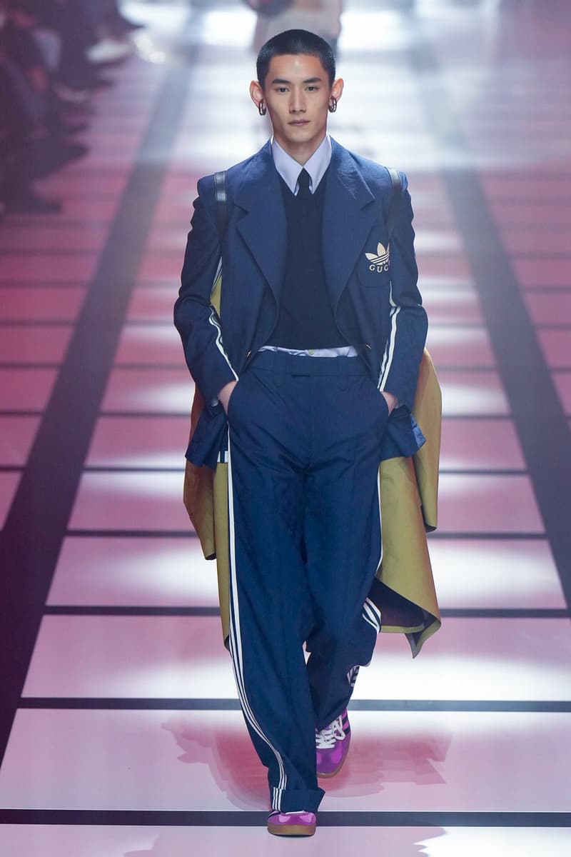 Gucci x adidas Unveils Fall 2022 Collection Blazers Jackets Pants Knitwear Latex Trefoil Three Strips Midi Dresses Leather Skirts Corduroy Chiffon Sportswear German Label Luxury Fashion Lookbook Plaid Monogram Pinstripe Patterns Peak Wide Lapel Hats Accessories Blue Yellow  