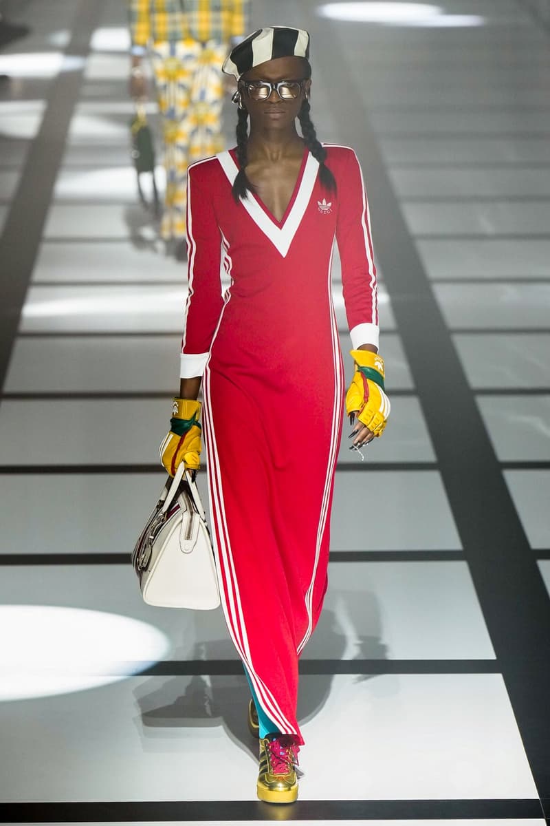 Gucci x adidas Unveils Fall 2022 Collection Blazers Jackets Pants Knitwear Latex Trefoil Three Strips Midi Dresses Leather Skirts Corduroy Chiffon Sportswear German Label Luxury Fashion Lookbook Plaid Monogram Pinstripe Patterns Peak Wide Lapel Hats Accessories Blue Yellow  