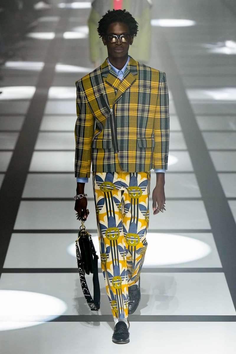 Gucci x adidas Unveils Fall 2022 Collection Blazers Jackets Pants Knitwear Latex Trefoil Three Strips Midi Dresses Leather Skirts Corduroy Chiffon Sportswear German Label Luxury Fashion Lookbook Plaid Monogram Pinstripe Patterns Peak Wide Lapel Hats Accessories Blue Yellow  