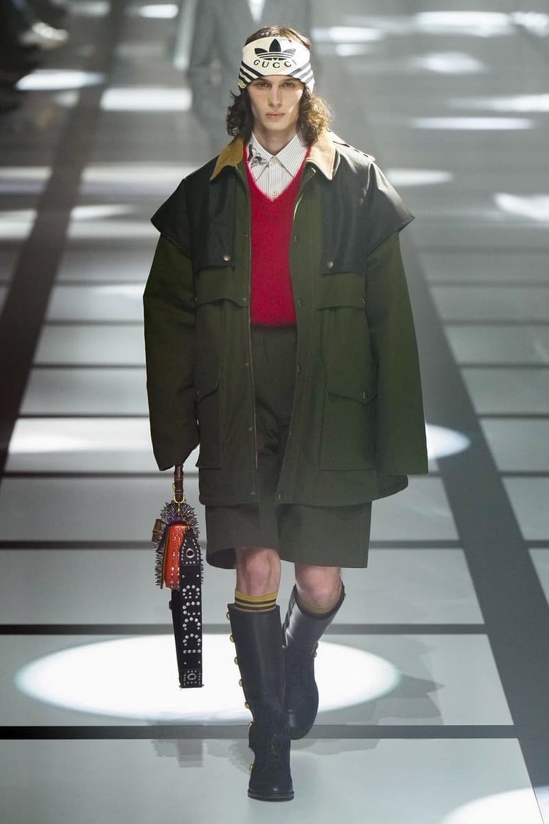 Gucci x adidas Unveils Fall 2022 Collection Blazers Jackets Pants Knitwear Latex Trefoil Three Strips Midi Dresses Leather Skirts Corduroy Chiffon Sportswear German Label Luxury Fashion Lookbook Plaid Monogram Pinstripe Patterns Peak Wide Lapel Hats Accessories Blue Yellow  