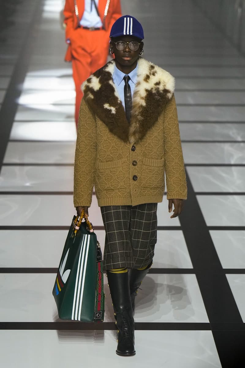 Gucci x adidas Unveils Fall 2022 Collection Blazers Jackets Pants Knitwear Latex Trefoil Three Strips Midi Dresses Leather Skirts Corduroy Chiffon Sportswear German Label Luxury Fashion Lookbook Plaid Monogram Pinstripe Patterns Peak Wide Lapel Hats Accessories Blue Yellow  