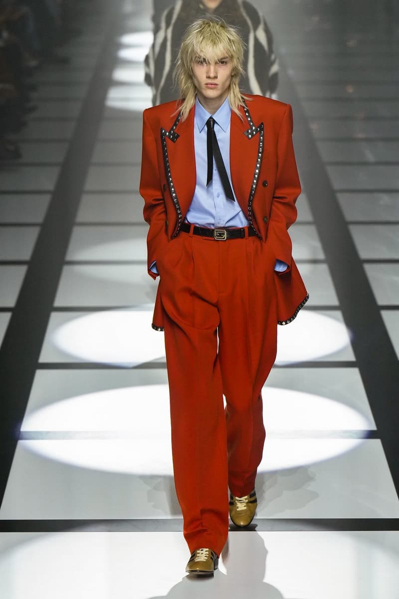 Gucci x adidas Unveils Fall 2022 Collection Blazers Jackets Pants Knitwear Latex Trefoil Three Strips Midi Dresses Leather Skirts Corduroy Chiffon Sportswear German Label Luxury Fashion Lookbook Plaid Monogram Pinstripe Patterns Peak Wide Lapel Hats Accessories Blue Yellow  