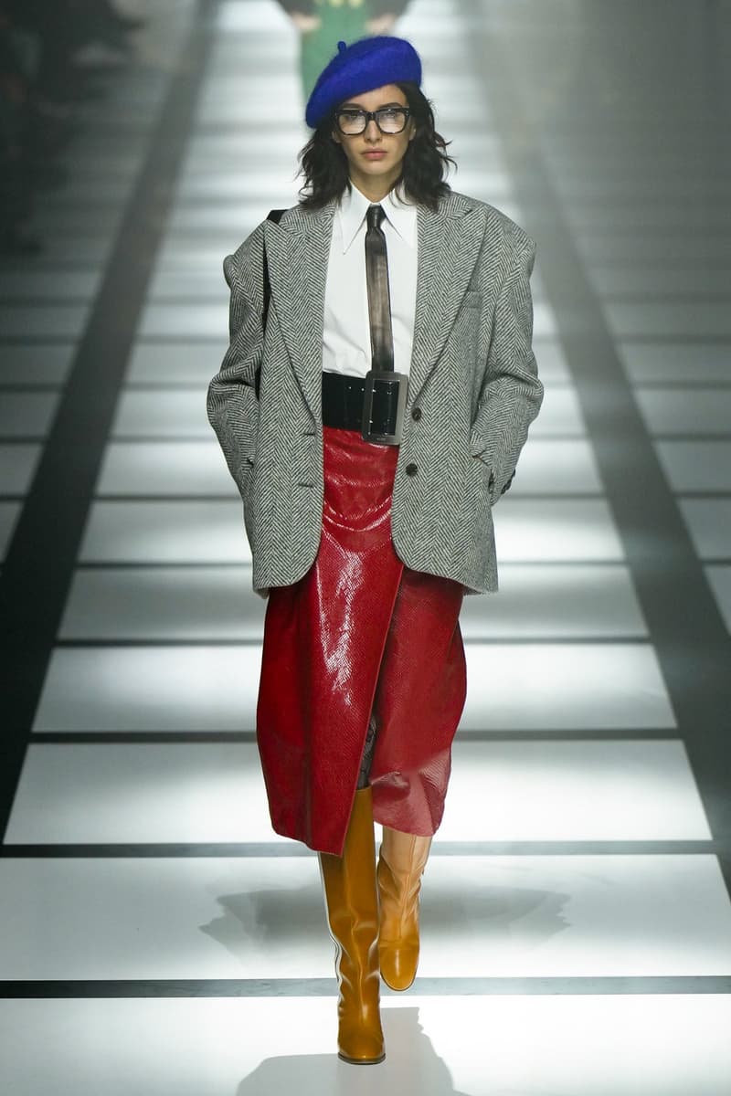 Gucci x adidas Unveils Fall 2022 Collection Blazers Jackets Pants Knitwear Latex Trefoil Three Strips Midi Dresses Leather Skirts Corduroy Chiffon Sportswear German Label Luxury Fashion Lookbook Plaid Monogram Pinstripe Patterns Peak Wide Lapel Hats Accessories Blue Yellow  