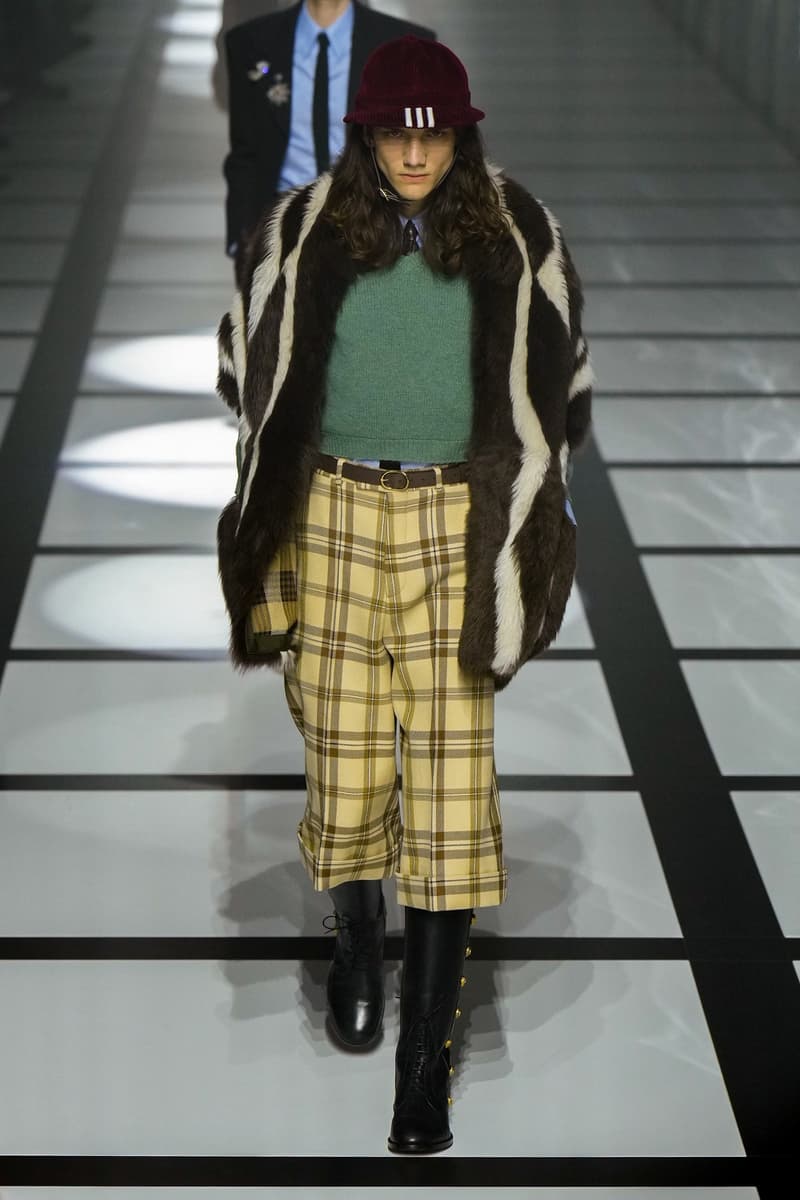 Gucci x adidas Unveils Fall 2022 Collection Blazers Jackets Pants Knitwear Latex Trefoil Three Strips Midi Dresses Leather Skirts Corduroy Chiffon Sportswear German Label Luxury Fashion Lookbook Plaid Monogram Pinstripe Patterns Peak Wide Lapel Hats Accessories Blue Yellow  