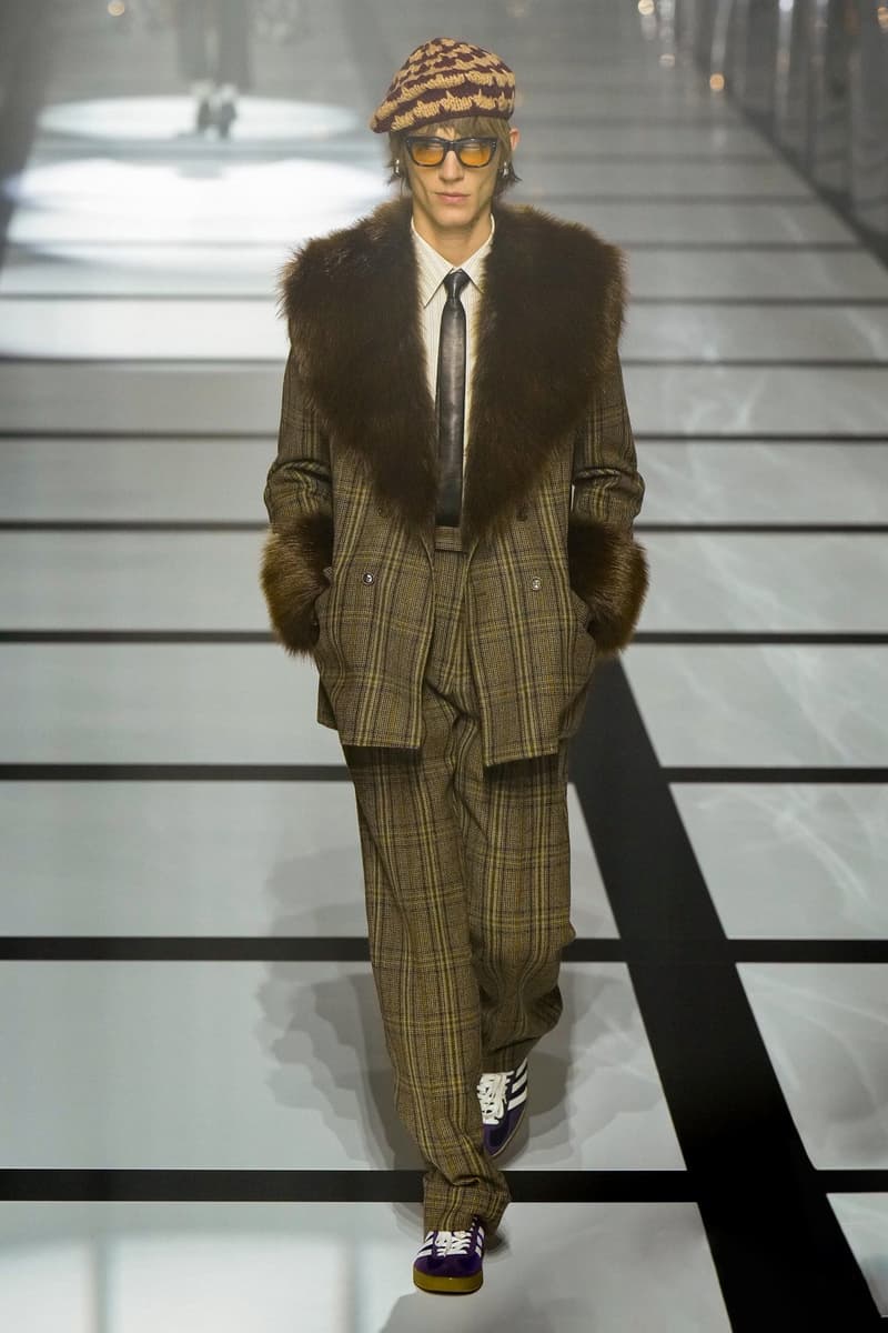 Gucci x adidas Unveils Fall 2022 Collection Blazers Jackets Pants Knitwear Latex Trefoil Three Strips Midi Dresses Leather Skirts Corduroy Chiffon Sportswear German Label Luxury Fashion Lookbook Plaid Monogram Pinstripe Patterns Peak Wide Lapel Hats Accessories Blue Yellow  