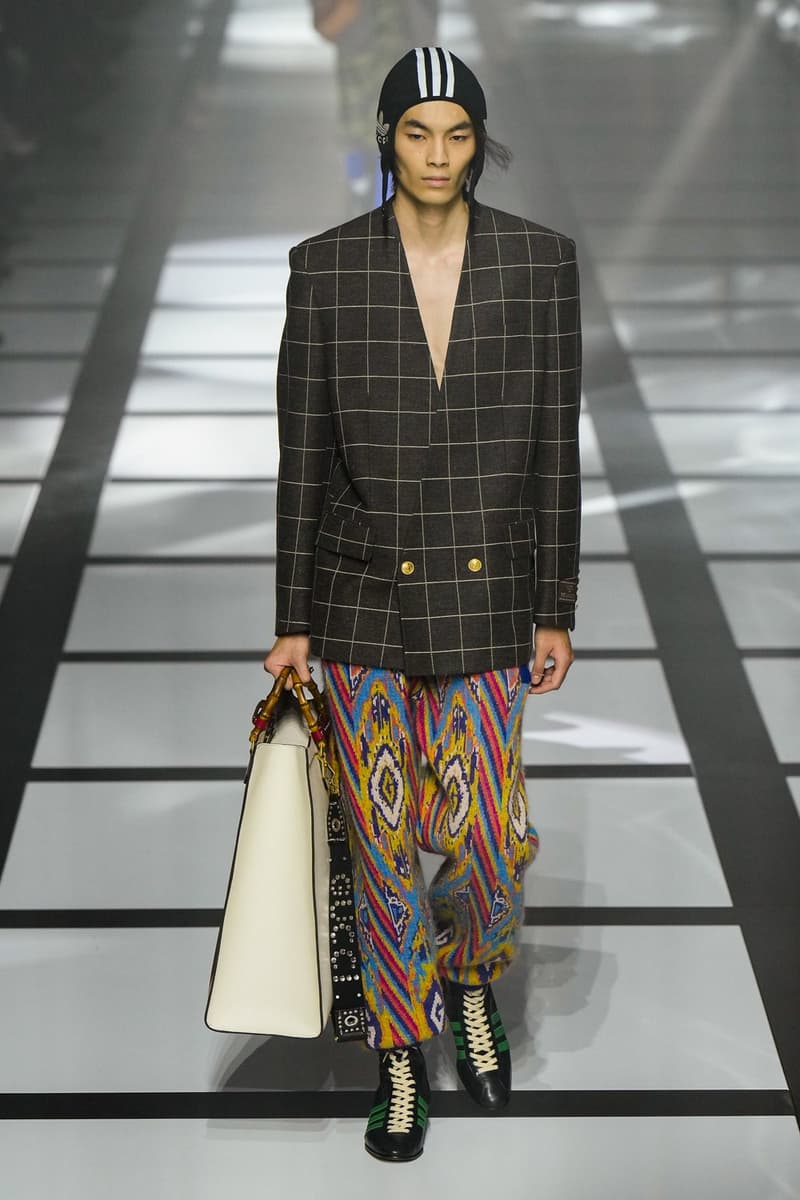 Gucci x adidas Unveils Fall 2022 Collection Blazers Jackets Pants Knitwear Latex Trefoil Three Strips Midi Dresses Leather Skirts Corduroy Chiffon Sportswear German Label Luxury Fashion Lookbook Plaid Monogram Pinstripe Patterns Peak Wide Lapel Hats Accessories Blue Yellow  