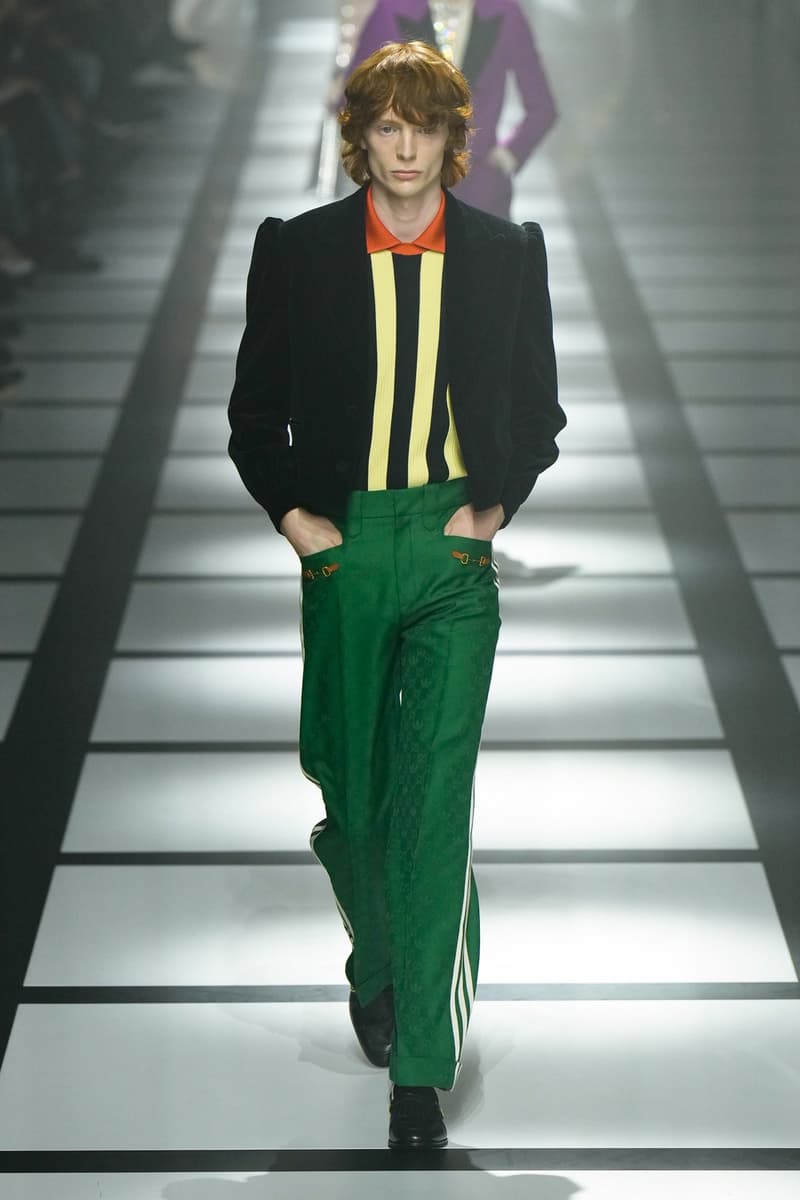 Gucci x adidas Unveils Fall 2022 Collection Blazers Jackets Pants Knitwear Latex Trefoil Three Strips Midi Dresses Leather Skirts Corduroy Chiffon Sportswear German Label Luxury Fashion Lookbook Plaid Monogram Pinstripe Patterns Peak Wide Lapel Hats Accessories Blue Yellow  