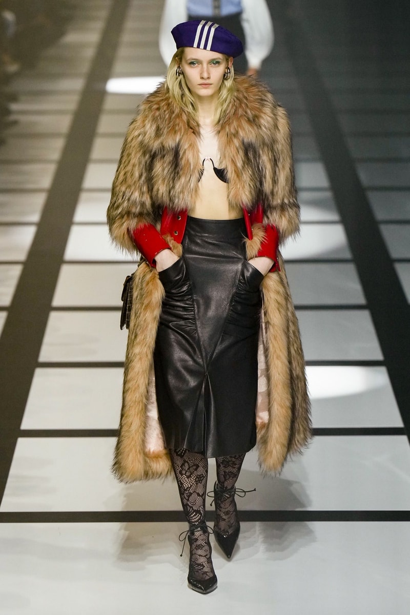 Gucci x adidas Unveils Fall 2022 Collection Blazers Jackets Pants Knitwear Latex Trefoil Three Strips Midi Dresses Leather Skirts Corduroy Chiffon Sportswear German Label Luxury Fashion Lookbook Plaid Monogram Pinstripe Patterns Peak Wide Lapel Hats Accessories Blue Yellow  