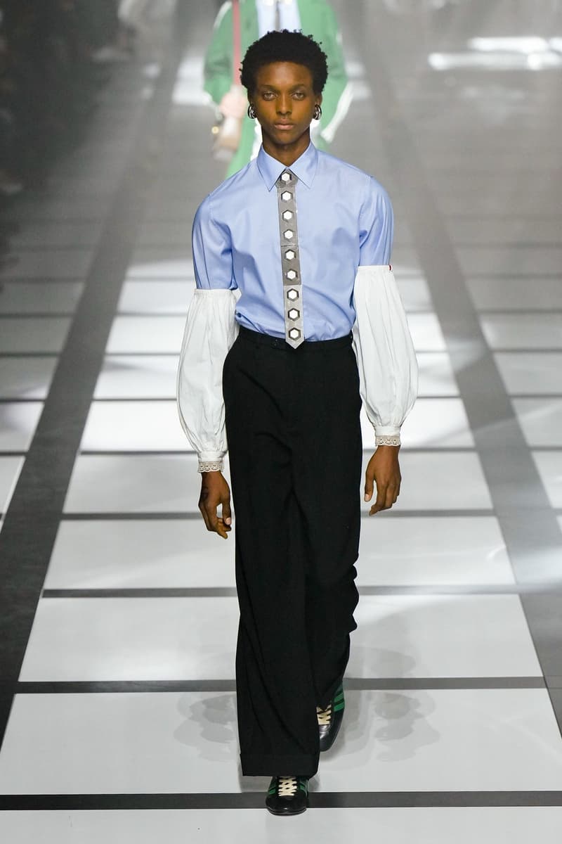 Gucci x adidas Unveils Fall 2022 Collection Blazers Jackets Pants Knitwear Latex Trefoil Three Strips Midi Dresses Leather Skirts Corduroy Chiffon Sportswear German Label Luxury Fashion Lookbook Plaid Monogram Pinstripe Patterns Peak Wide Lapel Hats Accessories Blue Yellow  