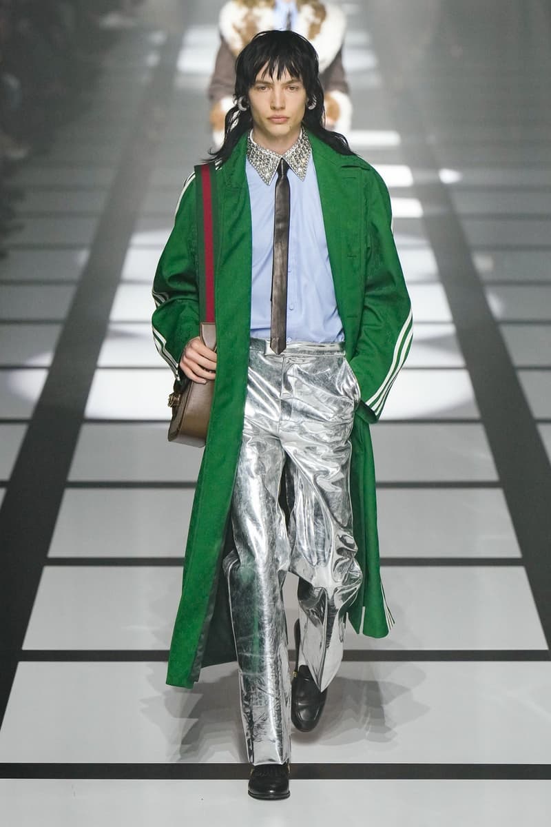 Gucci x adidas Unveils Fall 2022 Collection Blazers Jackets Pants Knitwear Latex Trefoil Three Strips Midi Dresses Leather Skirts Corduroy Chiffon Sportswear German Label Luxury Fashion Lookbook Plaid Monogram Pinstripe Patterns Peak Wide Lapel Hats Accessories Blue Yellow  