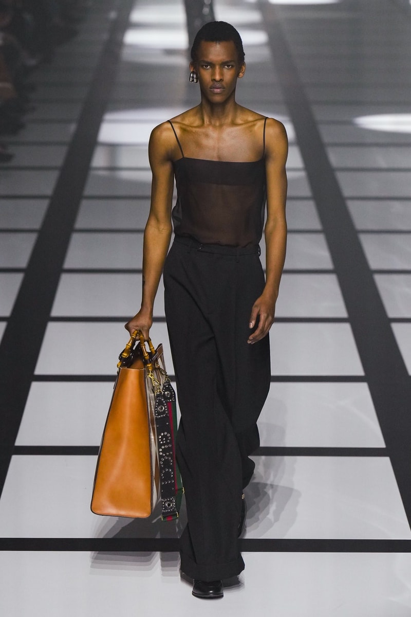 Gucci x adidas Unveils Fall 2022 Collection Blazers Jackets Pants Knitwear Latex Trefoil Three Strips Midi Dresses Leather Skirts Corduroy Chiffon Sportswear German Label Luxury Fashion Lookbook Plaid Monogram Pinstripe Patterns Peak Wide Lapel Hats Accessories Blue Yellow  