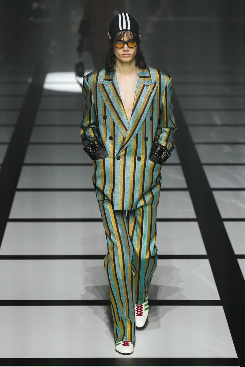 Gucci x adidas Unveils Fall 2022 Collection Blazers Jackets Pants Knitwear Latex Trefoil Three Strips Midi Dresses Leather Skirts Corduroy Chiffon Sportswear German Label Luxury Fashion Lookbook Plaid Monogram Pinstripe Patterns Peak Wide Lapel Hats Accessories Blue Yellow  