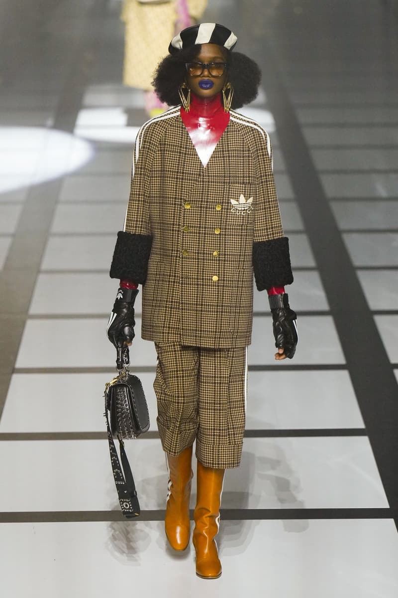 Gucci x adidas Unveils Fall 2022 Collection Blazers Jackets Pants Knitwear Latex Trefoil Three Strips Midi Dresses Leather Skirts Corduroy Chiffon Sportswear German Label Luxury Fashion Lookbook Plaid Monogram Pinstripe Patterns Peak Wide Lapel Hats Accessories Blue Yellow  