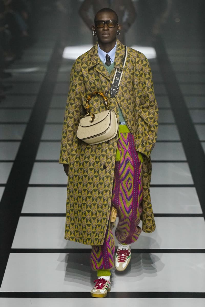 Gucci x adidas Unveils Fall 2022 Collection Blazers Jackets Pants Knitwear Latex Trefoil Three Strips Midi Dresses Leather Skirts Corduroy Chiffon Sportswear German Label Luxury Fashion Lookbook Plaid Monogram Pinstripe Patterns Peak Wide Lapel Hats Accessories Blue Yellow  