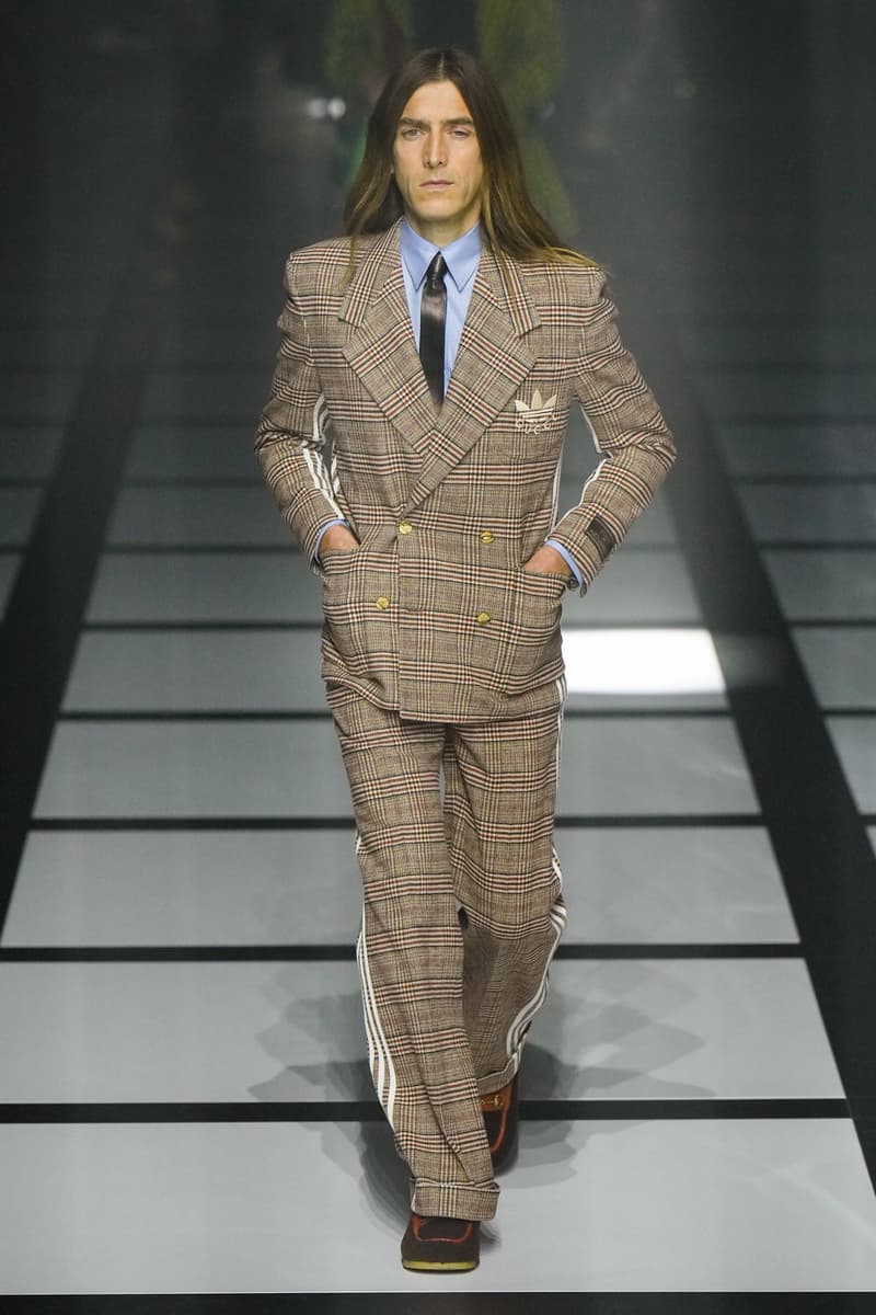 Gucci x adidas Unveils Fall 2022 Collection Blazers Jackets Pants Knitwear Latex Trefoil Three Strips Midi Dresses Leather Skirts Corduroy Chiffon Sportswear German Label Luxury Fashion Lookbook Plaid Monogram Pinstripe Patterns Peak Wide Lapel Hats Accessories Blue Yellow  