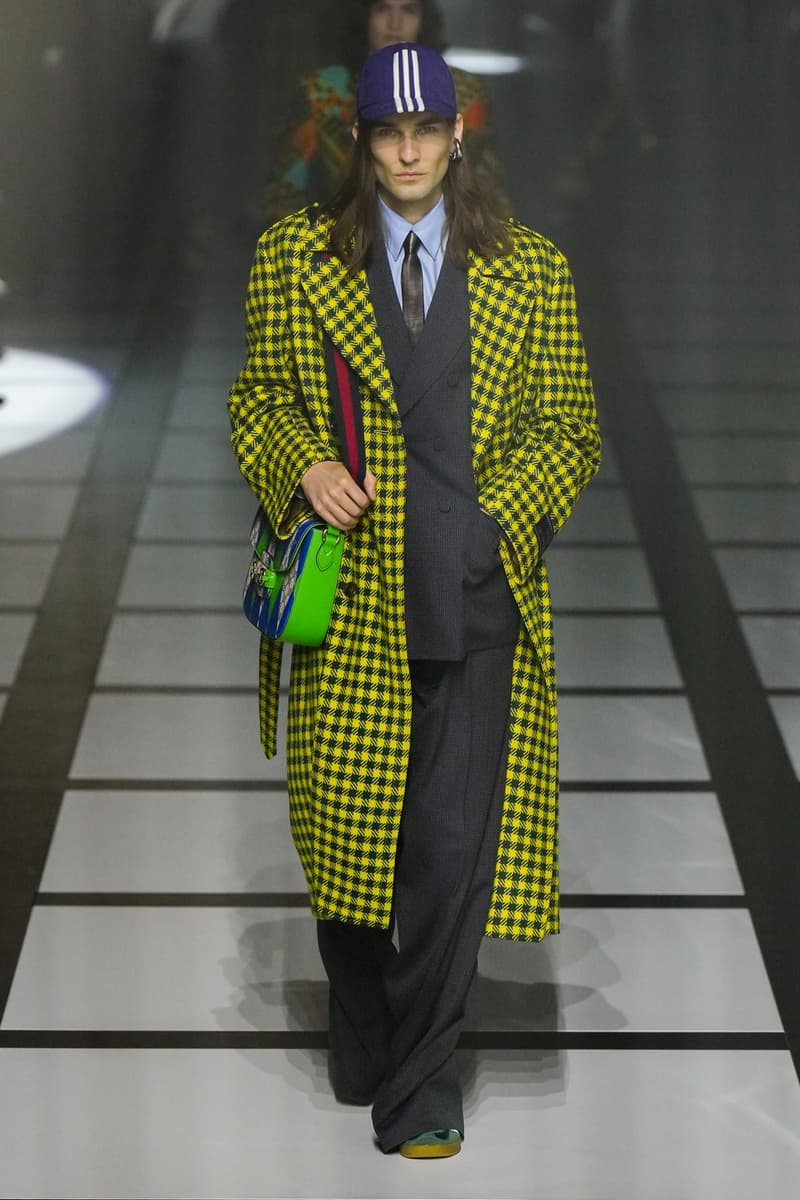 Gucci x adidas Unveils Fall 2022 Collection Blazers Jackets Pants Knitwear Latex Trefoil Three Strips Midi Dresses Leather Skirts Corduroy Chiffon Sportswear German Label Luxury Fashion Lookbook Plaid Monogram Pinstripe Patterns Peak Wide Lapel Hats Accessories Blue Yellow  