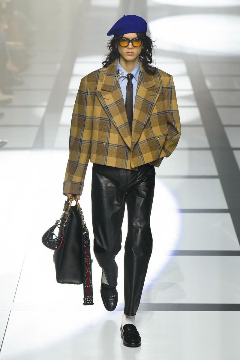 Gucci x adidas Unveils Fall 2022 Collection Blazers Jackets Pants Knitwear Latex Trefoil Three Strips Midi Dresses Leather Skirts Corduroy Chiffon Sportswear German Label Luxury Fashion Lookbook Plaid Monogram Pinstripe Patterns Peak Wide Lapel Hats Accessories Blue Yellow  