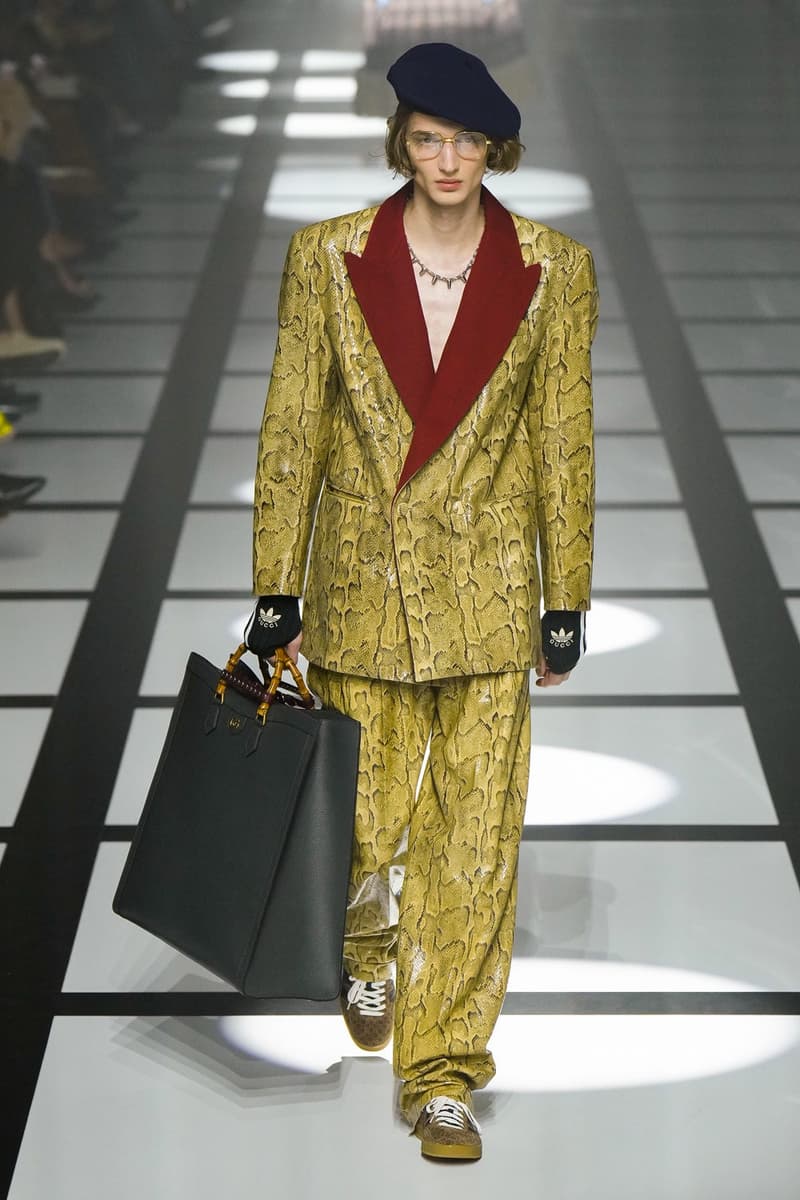 Gucci x adidas Unveils Fall 2022 Collection Blazers Jackets Pants Knitwear Latex Trefoil Three Strips Midi Dresses Leather Skirts Corduroy Chiffon Sportswear German Label Luxury Fashion Lookbook Plaid Monogram Pinstripe Patterns Peak Wide Lapel Hats Accessories Blue Yellow  