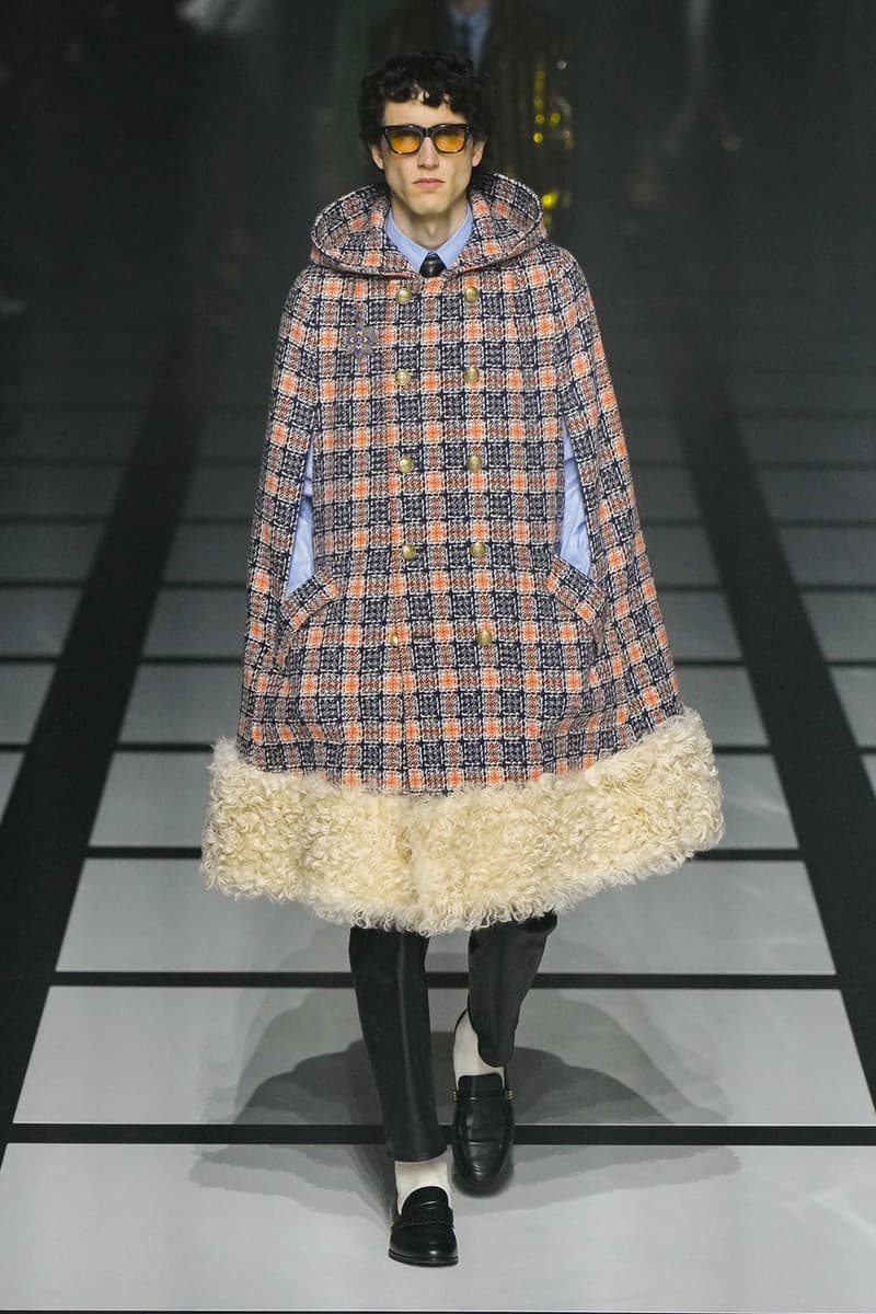 Gucci x adidas Unveils Fall 2022 Collection Blazers Jackets Pants Knitwear Latex Trefoil Three Strips Midi Dresses Leather Skirts Corduroy Chiffon Sportswear German Label Luxury Fashion Lookbook Plaid Monogram Pinstripe Patterns Peak Wide Lapel Hats Accessories Blue Yellow  