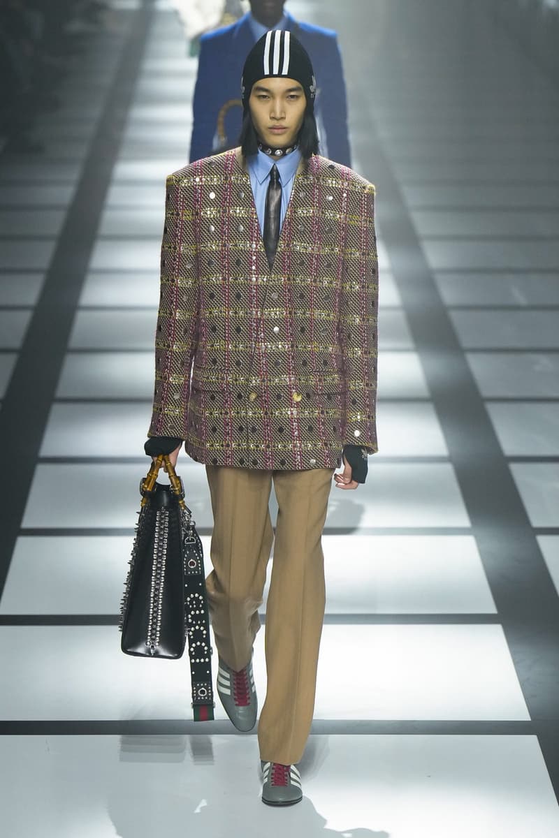 Gucci x adidas Unveils Fall 2022 Collection Blazers Jackets Pants Knitwear Latex Trefoil Three Strips Midi Dresses Leather Skirts Corduroy Chiffon Sportswear German Label Luxury Fashion Lookbook Plaid Monogram Pinstripe Patterns Peak Wide Lapel Hats Accessories Blue Yellow  