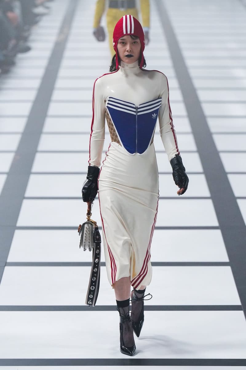 Gucci x adidas Unveils Fall 2022 Collection Blazers Jackets Pants Knitwear Latex Trefoil Three Strips Midi Dresses Leather Skirts Corduroy Chiffon Sportswear German Label Luxury Fashion Lookbook Plaid Monogram Pinstripe Patterns Peak Wide Lapel Hats Accessories Blue Yellow  