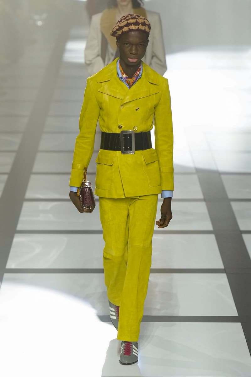 Gucci x adidas Unveils Fall 2022 Collection Blazers Jackets Pants Knitwear Latex Trefoil Three Strips Midi Dresses Leather Skirts Corduroy Chiffon Sportswear German Label Luxury Fashion Lookbook Plaid Monogram Pinstripe Patterns Peak Wide Lapel Hats Accessories Blue Yellow  