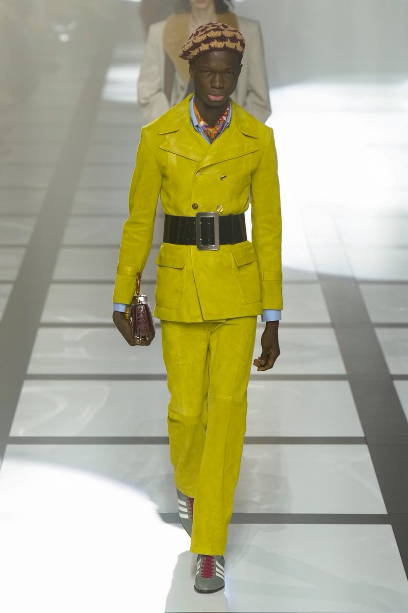 Gucci x adidas Unveils Fall 2022 Collection Blazers Jackets Pants Knitwear Latex Trefoil Three Strips Midi Dresses Leather Skirts Corduroy Chiffon Sportswear German Label Luxury Fashion Lookbook Plaid Monogram Pinstripe Patterns Peak Wide Lapel Hats Accessories Blue Yellow  