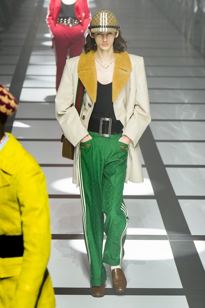 Gucci x adidas Unveils Fall 2022 Collection Blazers Jackets Pants Knitwear Latex Trefoil Three Strips Midi Dresses Leather Skirts Corduroy Chiffon Sportswear German Label Luxury Fashion Lookbook Plaid Monogram Pinstripe Patterns Peak Wide Lapel Hats Accessories Blue Yellow  