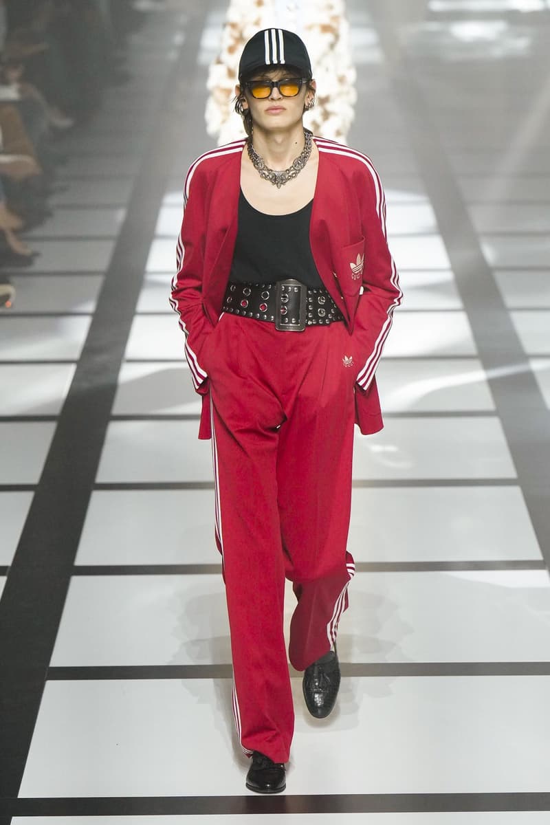 Gucci x adidas Unveils Fall 2022 Collection Blazers Jackets Pants Knitwear Latex Trefoil Three Strips Midi Dresses Leather Skirts Corduroy Chiffon Sportswear German Label Luxury Fashion Lookbook Plaid Monogram Pinstripe Patterns Peak Wide Lapel Hats Accessories Blue Yellow  