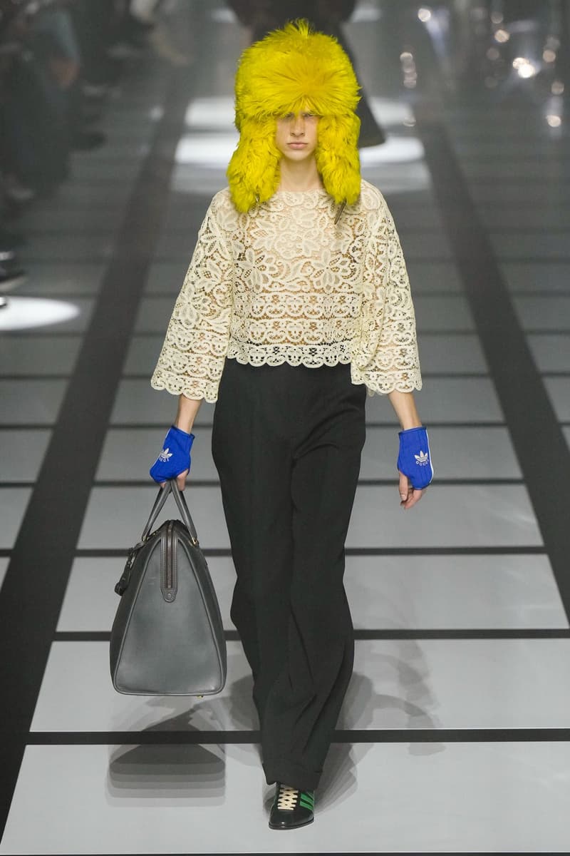 Gucci x adidas Unveils Fall 2022 Collection Blazers Jackets Pants Knitwear Latex Trefoil Three Strips Midi Dresses Leather Skirts Corduroy Chiffon Sportswear German Label Luxury Fashion Lookbook Plaid Monogram Pinstripe Patterns Peak Wide Lapel Hats Accessories Blue Yellow  