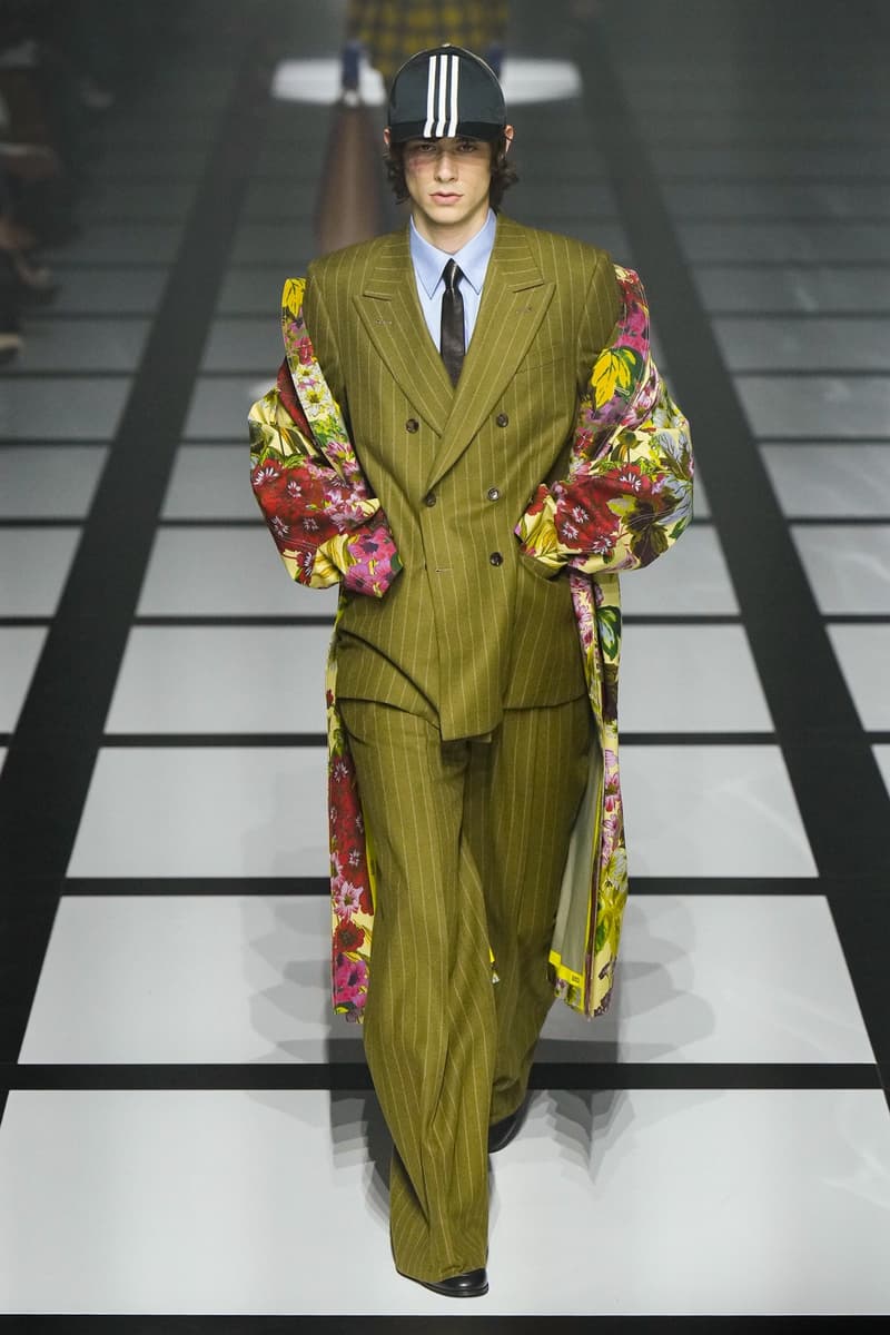 Gucci x adidas Unveils Fall 2022 Collection Blazers Jackets Pants Knitwear Latex Trefoil Three Strips Midi Dresses Leather Skirts Corduroy Chiffon Sportswear German Label Luxury Fashion Lookbook Plaid Monogram Pinstripe Patterns Peak Wide Lapel Hats Accessories Blue Yellow  