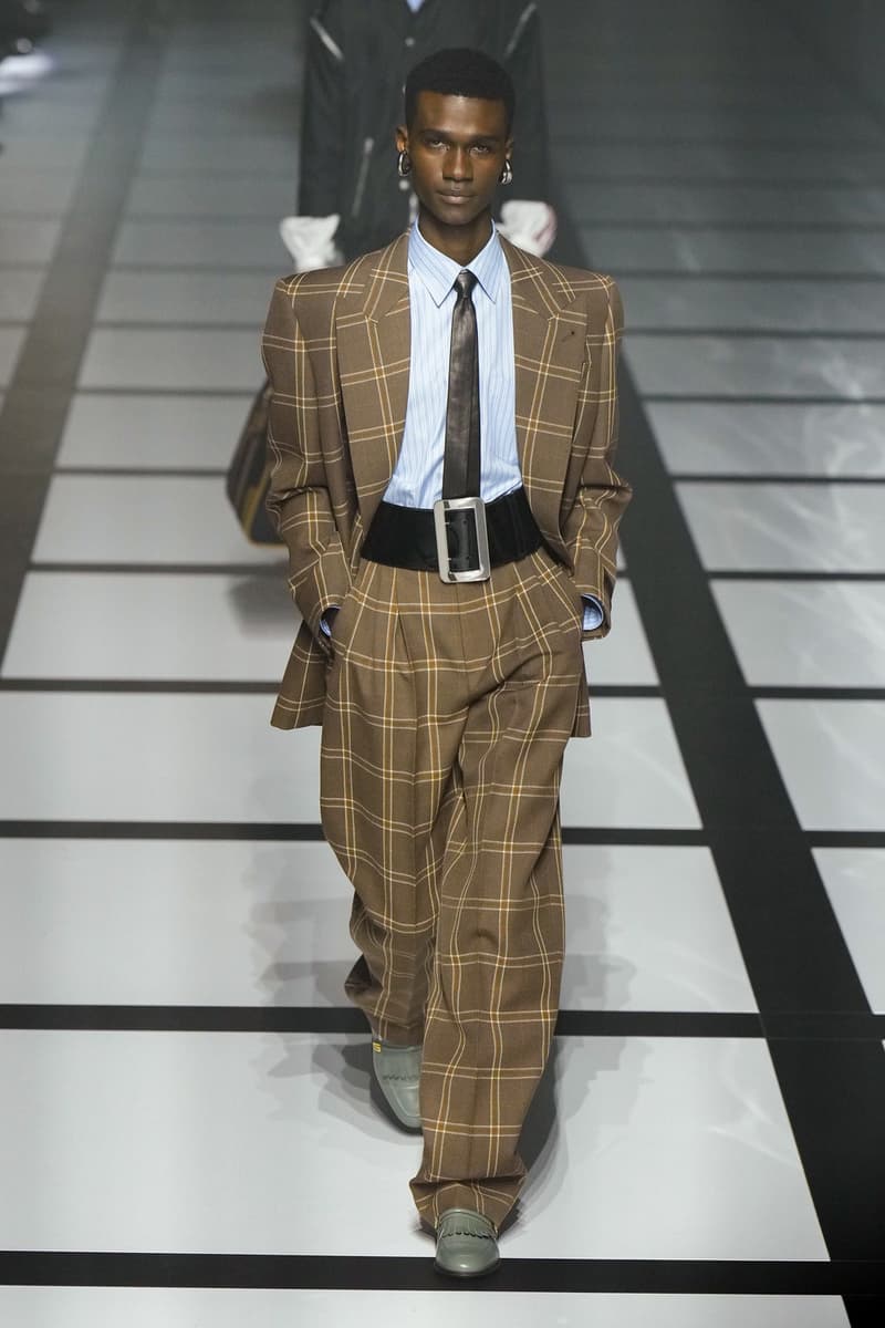 Gucci x adidas Unveils Fall 2022 Collection Blazers Jackets Pants Knitwear Latex Trefoil Three Strips Midi Dresses Leather Skirts Corduroy Chiffon Sportswear German Label Luxury Fashion Lookbook Plaid Monogram Pinstripe Patterns Peak Wide Lapel Hats Accessories Blue Yellow  