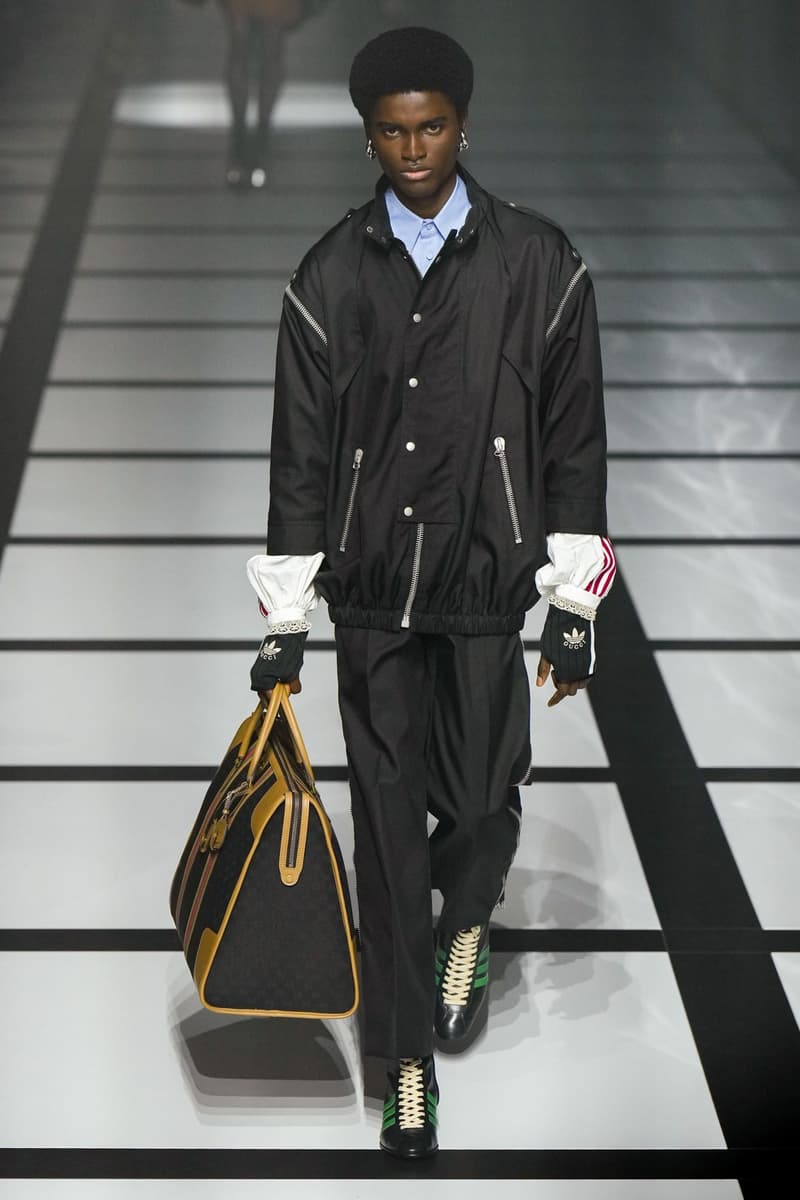 Gucci x adidas Unveils Fall 2022 Collection Blazers Jackets Pants Knitwear Latex Trefoil Three Strips Midi Dresses Leather Skirts Corduroy Chiffon Sportswear German Label Luxury Fashion Lookbook Plaid Monogram Pinstripe Patterns Peak Wide Lapel Hats Accessories Blue Yellow  