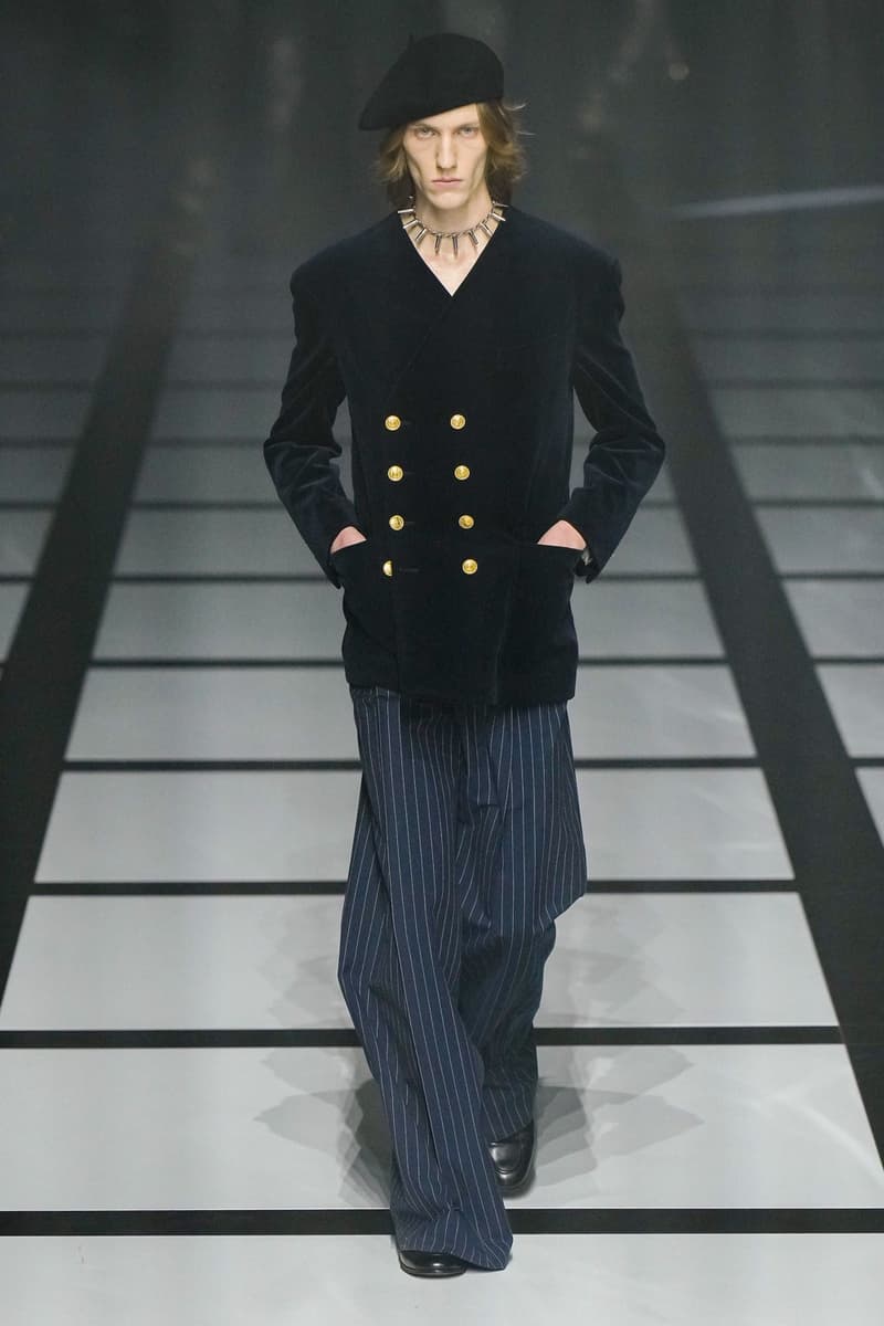 Gucci x adidas Unveils Fall 2022 Collection Blazers Jackets Pants Knitwear Latex Trefoil Three Strips Midi Dresses Leather Skirts Corduroy Chiffon Sportswear German Label Luxury Fashion Lookbook Plaid Monogram Pinstripe Patterns Peak Wide Lapel Hats Accessories Blue Yellow  