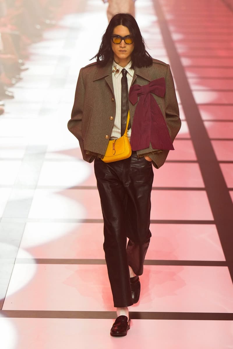 Gucci x adidas Unveils Fall 2022 Collection Blazers Jackets Pants Knitwear Latex Trefoil Three Strips Midi Dresses Leather Skirts Corduroy Chiffon Sportswear German Label Luxury Fashion Lookbook Plaid Monogram Pinstripe Patterns Peak Wide Lapel Hats Accessories Blue Yellow  