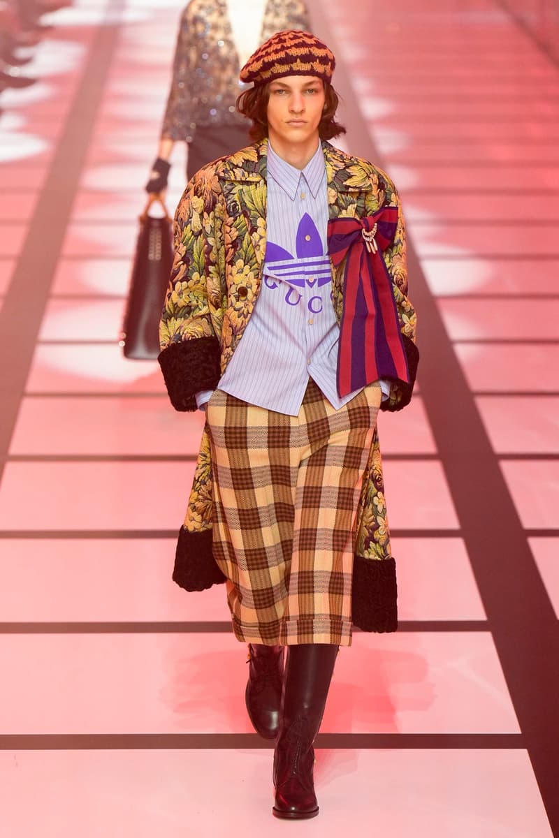 Gucci x adidas Unveils Fall 2022 Collection Blazers Jackets Pants Knitwear Latex Trefoil Three Strips Midi Dresses Leather Skirts Corduroy Chiffon Sportswear German Label Luxury Fashion Lookbook Plaid Monogram Pinstripe Patterns Peak Wide Lapel Hats Accessories Blue Yellow  