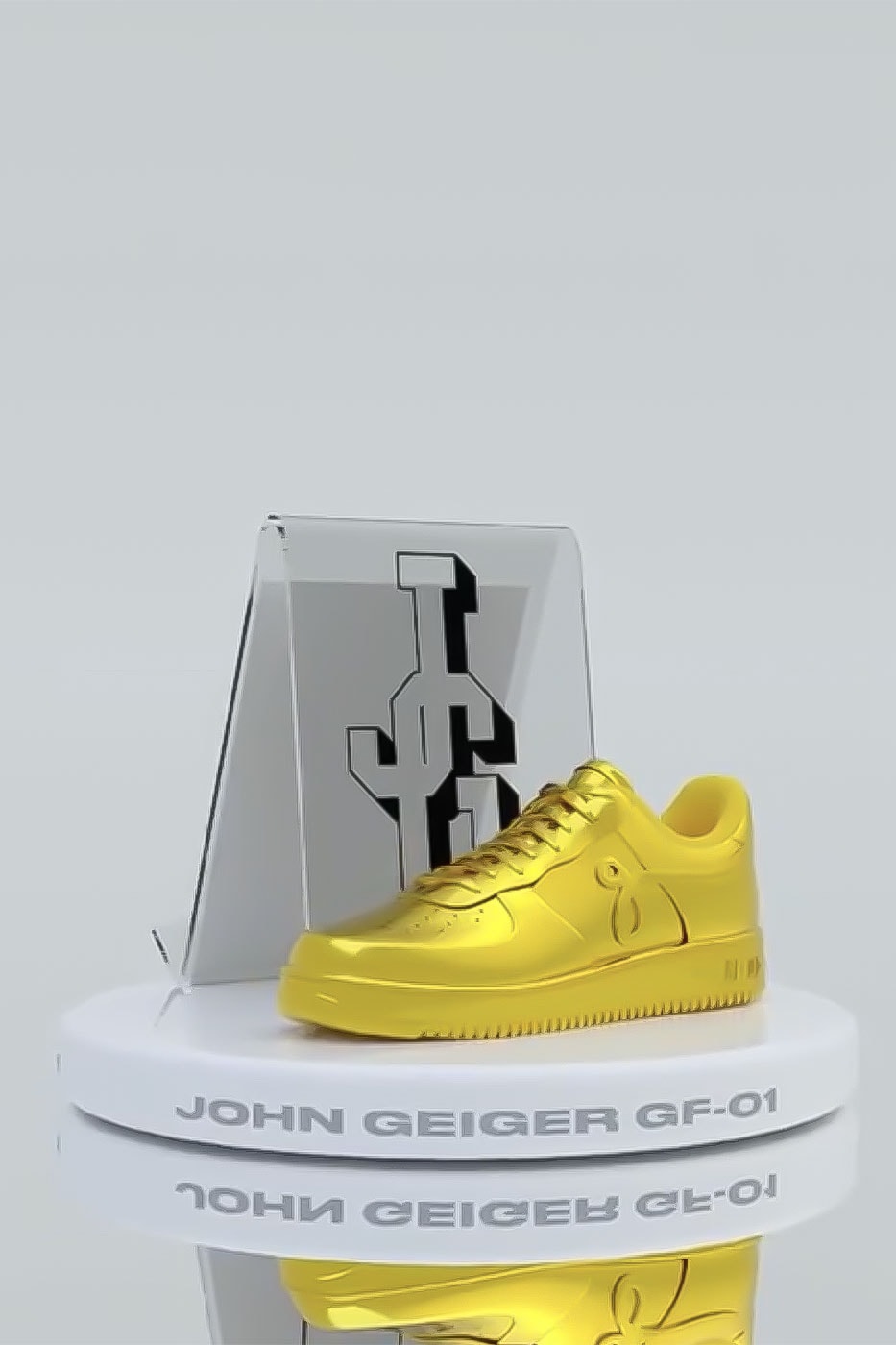 John geiger first nft gold silver bronze nike lawsuit gf-01 sneaker gold silver bronze signed papers physical art piece digital collectible release info discord