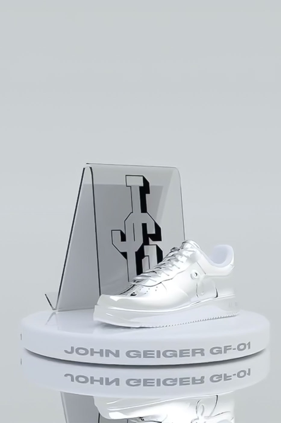 John geiger first nft gold silver bronze nike lawsuit gf-01 sneaker gold silver bronze signed papers physical art piece digital collectible release info discord